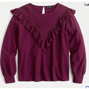 J.CREW Burgundy Ruffle Trim Honeycomb Knit Blouse Top Shirt Small